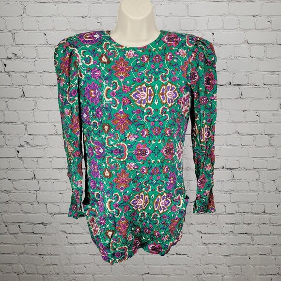 NWT VTG Richard Warren Green 100% Silk Floral Gold Button Long Sleeve Blouse 4 - Picture 1 of 16
